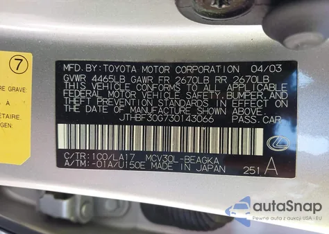 2003 Lexus Es 300 z USA, uszkodzony, nr VIN JTHBF30G730143066